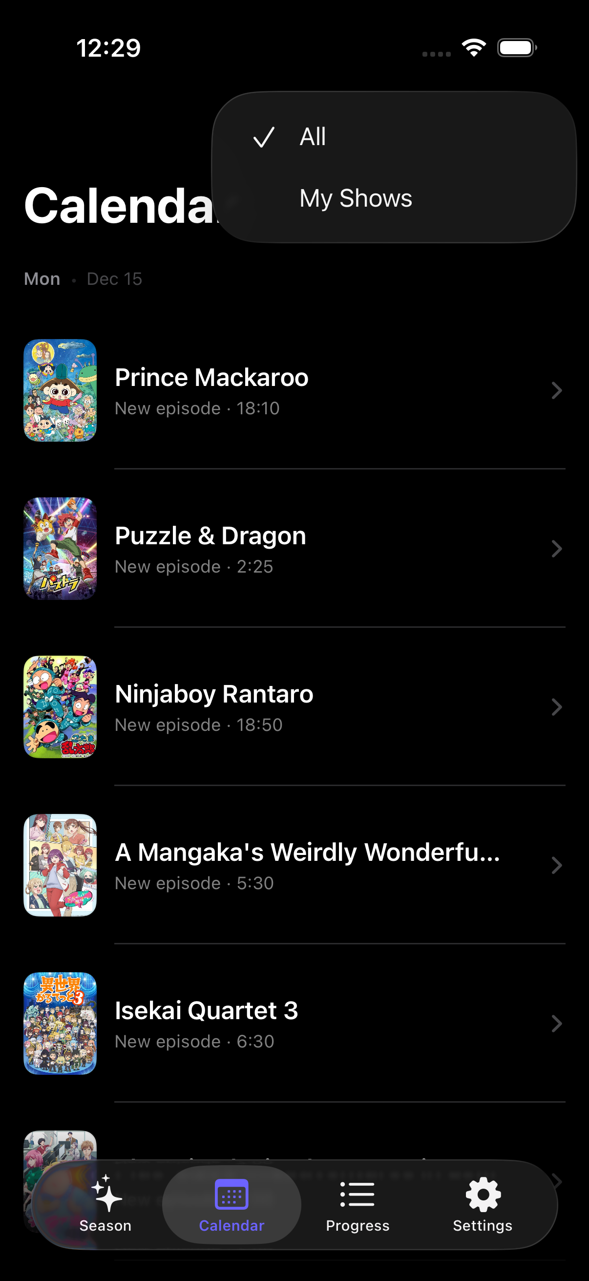 Calendar view (dark mode)