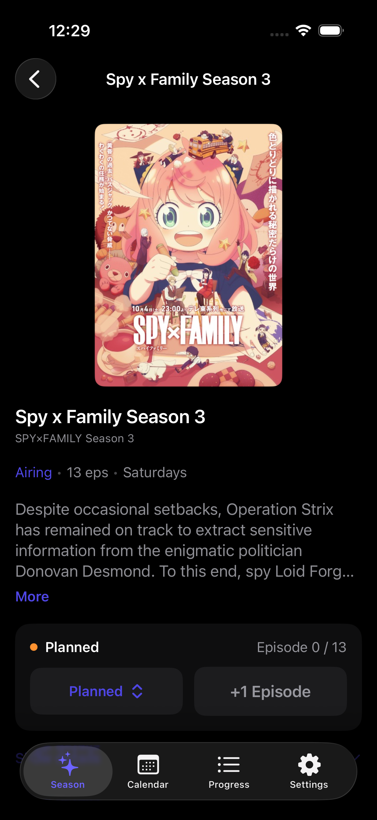 Anime detail screen (dark mode)
