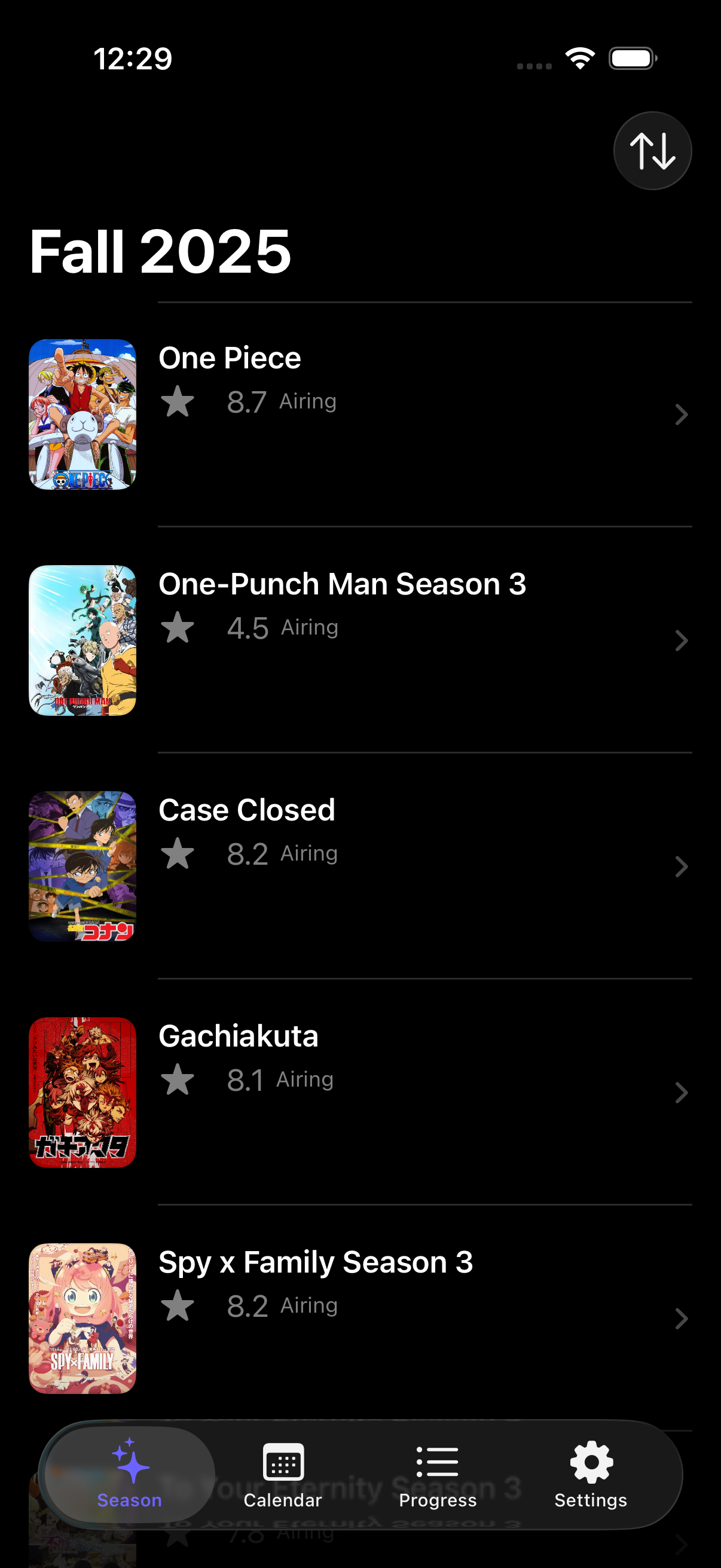 Season list (dark mode)